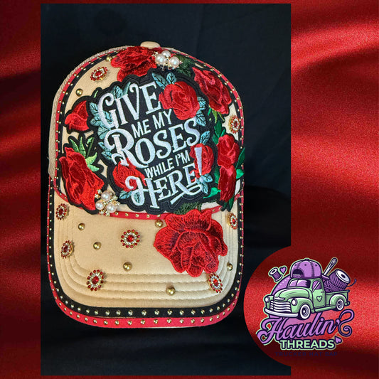Give Me My Roses While I’m Here Tan Trucker Hat