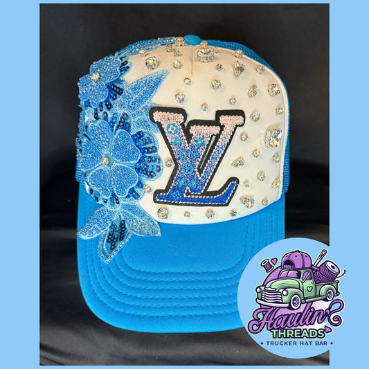 Blue LV inspired Bling Trucker Hat